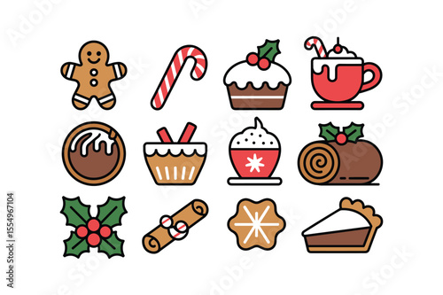 Christmas Treats Icon Set Gingerbread Candy Cane Cake Hot Chocolate Yule Log gingerbread man