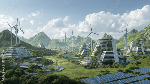 Futuristic renewable energy landscape.