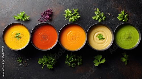 Creamy vegetable soups in minimalist bowls, a vibrant and wholesome culinary delight