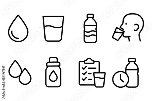 Hydration essentials and water consumption icons, vector illustration