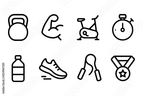 Fitness icons collection featuring equipment and activities, vector illustration