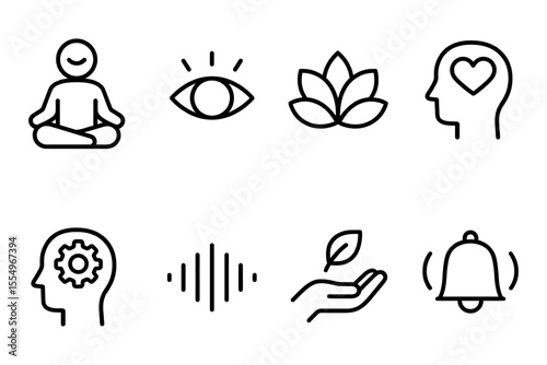 Wellness and mindfulness icons set with meditation, eye, lotus, and mental health symbols, vector illustration