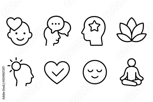 Mindfulness and well-being icons representing mental health and meditation, vector illustration