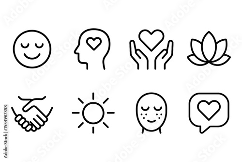 Mindfulness and wellness symbols including meditation, heart care, and positivity, vector illustration