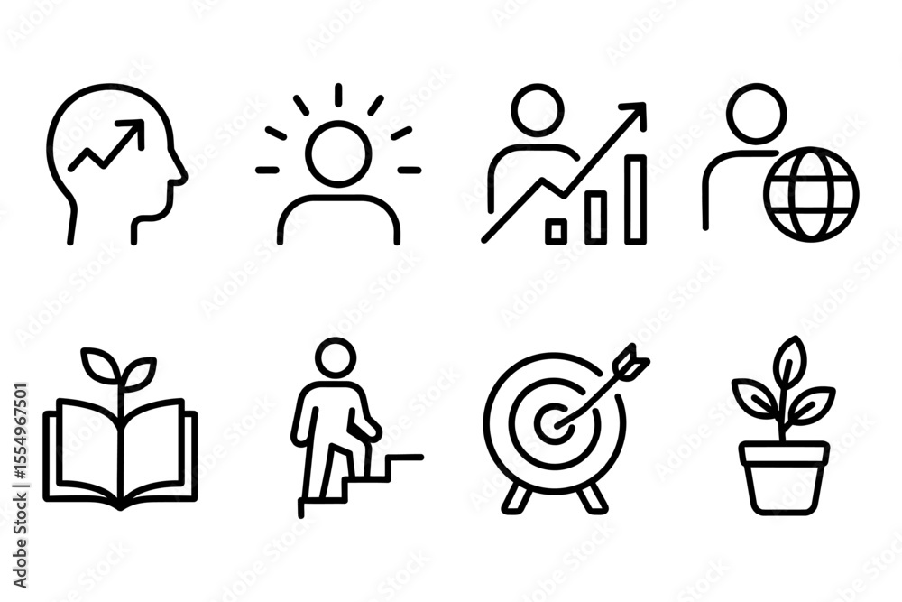 Fototapeta premium Business and personal growth icons set featuring success, education, and achievement, vector illustration
