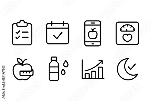 Healthy habits tracking illustration with icons representing diet, exercise, and sleep monitoring, vector illustration