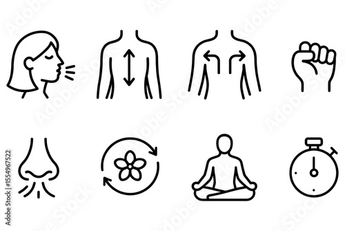 Breathing exercises and relaxation concepts with icon set, vector illustration