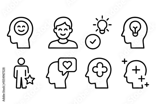 Positive thinking concept with icons of ideas, emotions, and mindset, vector illustration