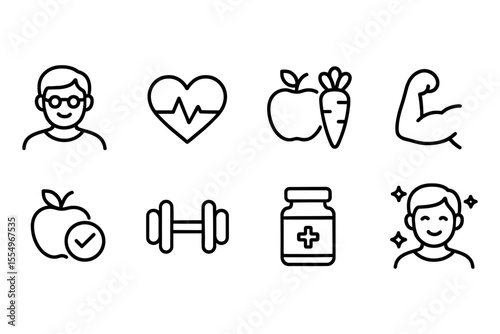 Healthy aging icons: wellness, nutrition, and fitness symbols, vector illustration