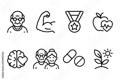 Healthy aging concepts and senior well-being icons, vector illustration