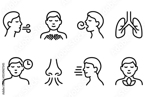 Breathing and relaxation techniques icons set for mindfulness and health, vector illustration