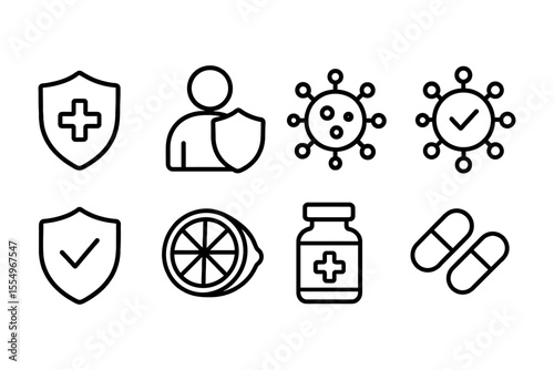 Immune support icons featuring health symbols and supplements, vector illustration