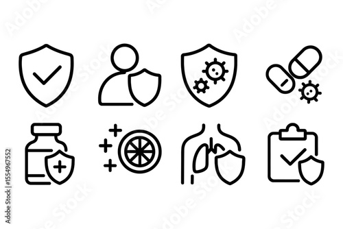 Immune support icon set featuring health and protection symbols, vector illustration