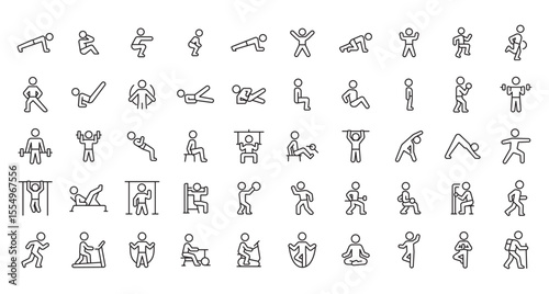 Minimalist Line Icons Set of 50 Fitness and Exercise Poses for Gym, Yoga, and Cardio Workouts