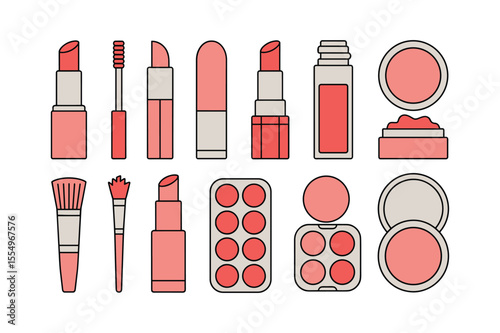 Coral Pink Makeup Icon Set Lipsticks Blush Brushes Palette Vector Illustration