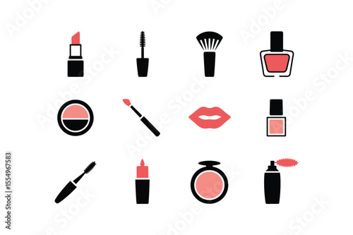 Coral Pink and Black Makeup Icon Set Lipstick Mascara Nail Polish Blush Brush Applicator