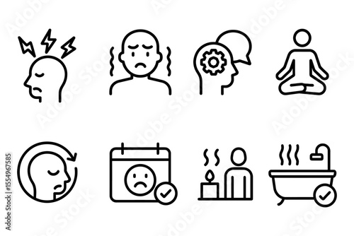Mindfulness and stress relief techniques icons set, vector illustration