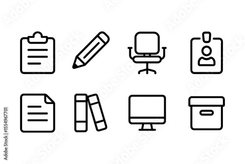Essential office supplies icons set featuring desk items and stationery, vector illustration