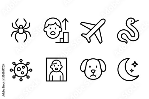Minimalist icons of spider, fear, statistics, airplane, snake, virus, portrait, dog, and moon, vector illustration