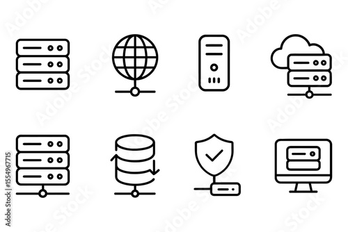 Network and data storage icons set featuring cloud server and security elements, vector illustration
