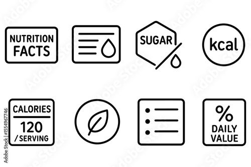 Nutrition facts label icons for healthy eating and dietary information, vector illustration