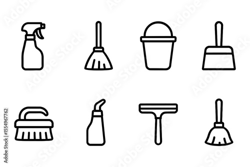 Essential cleaning tools collection featuring broom, mop, bucket, and more, vector illustration