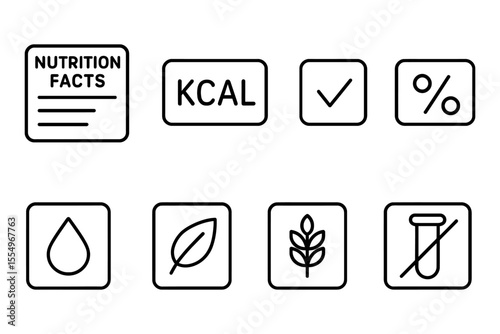 Essential nutrition facts and health icons set for food labels, vector illustration
