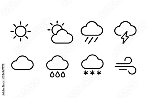 Weather icons set featuring sun, clouds, rain, snow, and wind in minimalistic style, vector illustration