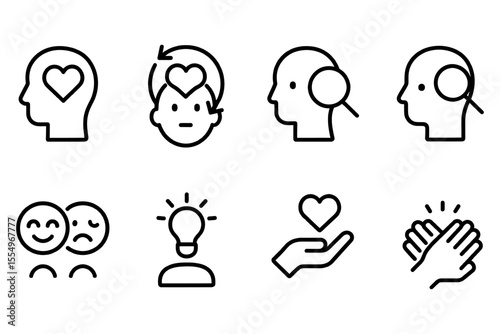 Mental health and compassion icons set, vector illustration