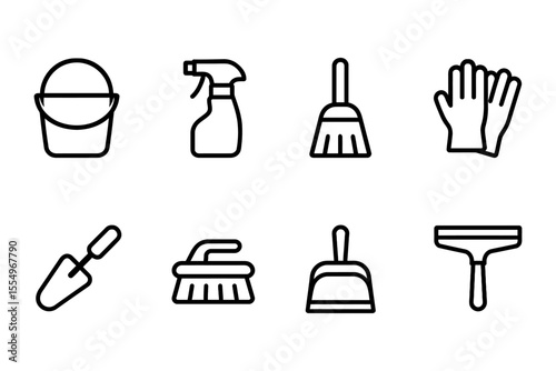 Cleaning tools collection featuring gloves, bucket, and duster, vector illustration