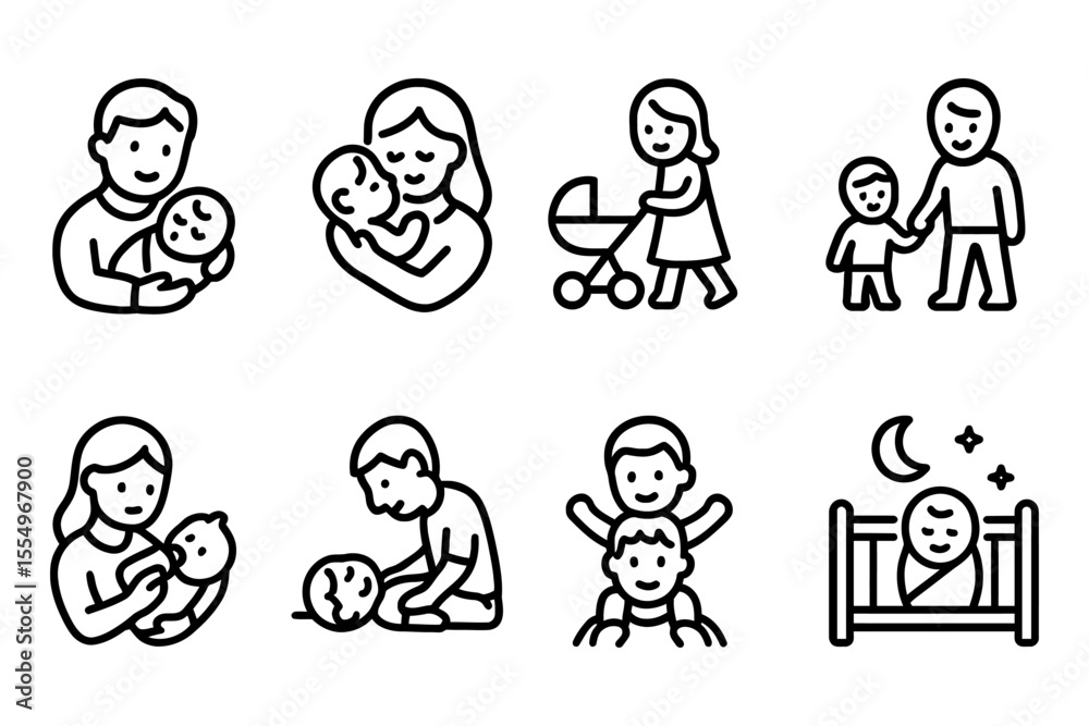 Family moments with parents and children in simple line style, vector illustration Family moments with parents and children in simple line style, vector illustration