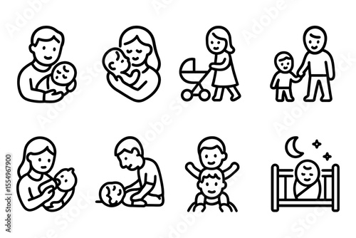Family moments with parents and children in simple line style, vector illustration