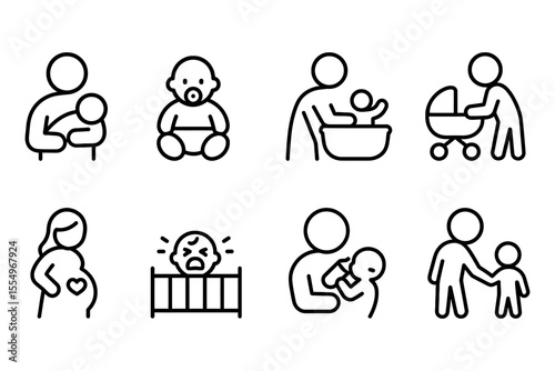 Parenting and childcare symbols featuring family activities and baby care, vector illustration