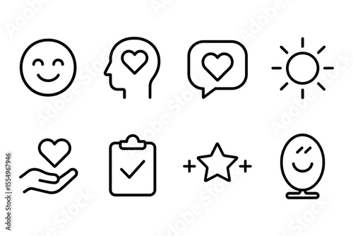 Mental wellbeing and positive emotions icon set featuring heart health symbols, vector illustration