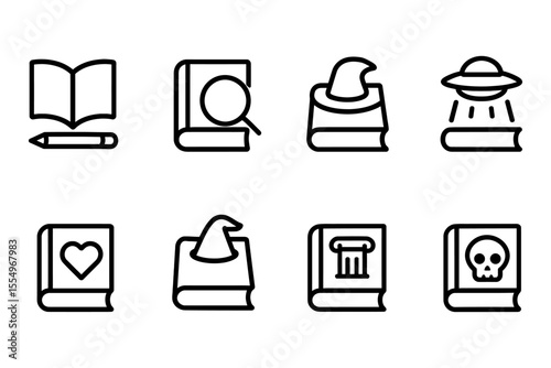 Magic and mysteries icons featuring books, witch hat, ufo, and more, vector illustration