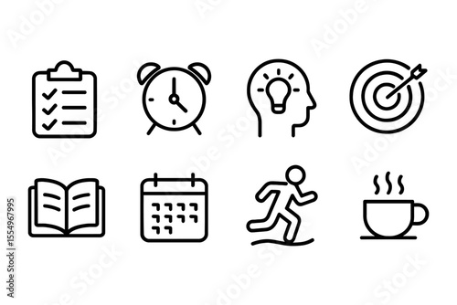 Productivity habits icons set featuring checklist, alarm, idea, target, book, calendar, running, and coffee, vector illustration