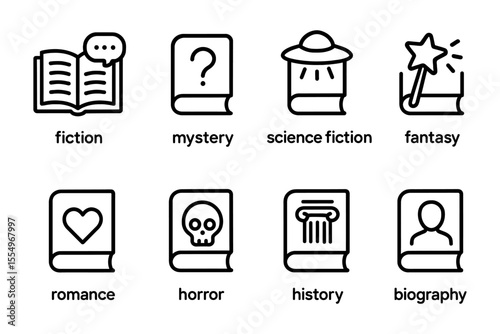 Book genre icons set featuring fiction, mystery, science fiction, fantasy, romance, horror, history, and biography, vector illustration