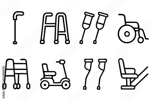 Mobility aids and equipment icons set, vector illustration