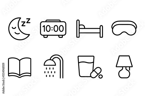 Bedtime routine essentials vector illustration with sleep, alarm, and relaxation icons