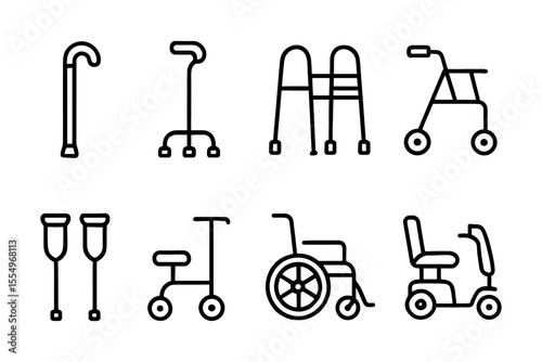Mobility aids collection featuring canes, crutches, walkers, and wheelchairs, vector illustration