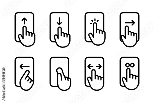 Touchscreen gesture icons set featuring swipes and taps, vector illustration