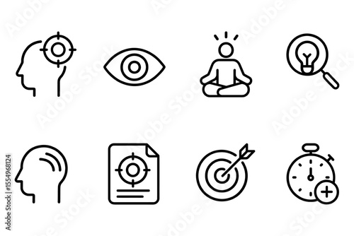 Mindfulness and focus icons including meditation, target, and creative thinking, vector illustration