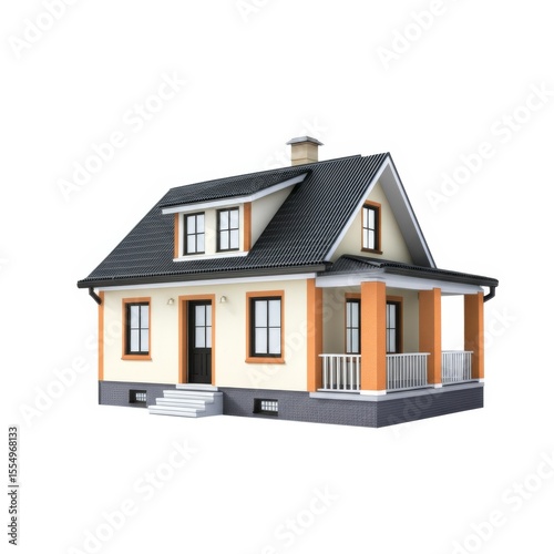 Illustration of a house with a chimney and a porch.