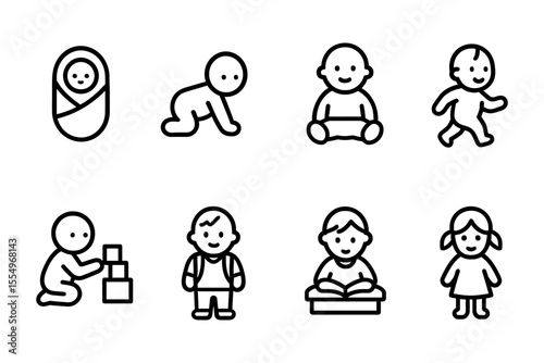 Baby development stages icons featuring infants and toddlers in line art style, vector illustration