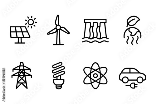 Sustainable energy icons featuring solar, wind, and electric concepts, vector illustration