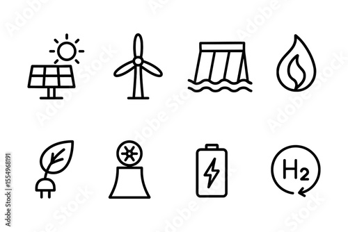 Clean energy sources icons featuring solar, wind, hydro, and hydrogen technologies, vector illustration