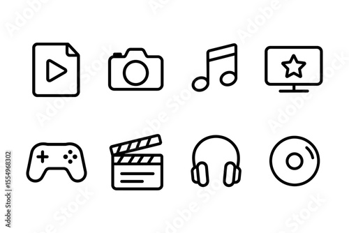 Multimedia icons set featuring music, gaming, and photography, vector illustration