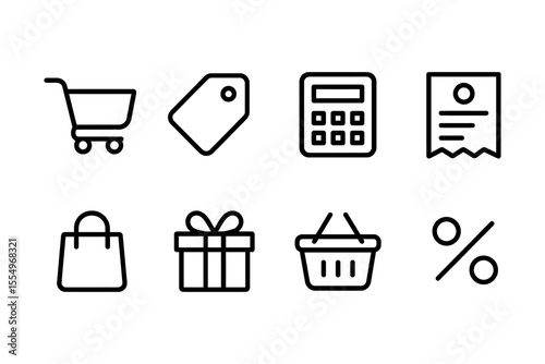 Shopping and retail icons set featuring cart, tag, calculator, receipt, and basket, vector illustration
