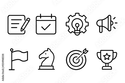 Essential business icons set featuring strategy, communication, and achievement, vector illustration