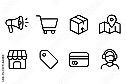 E-commerce and online shopping icons set with megaphone, cart, and support, vector illustration